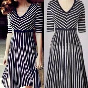 Boden Navy and White Striped V‑Neck Long Sleeve Dress